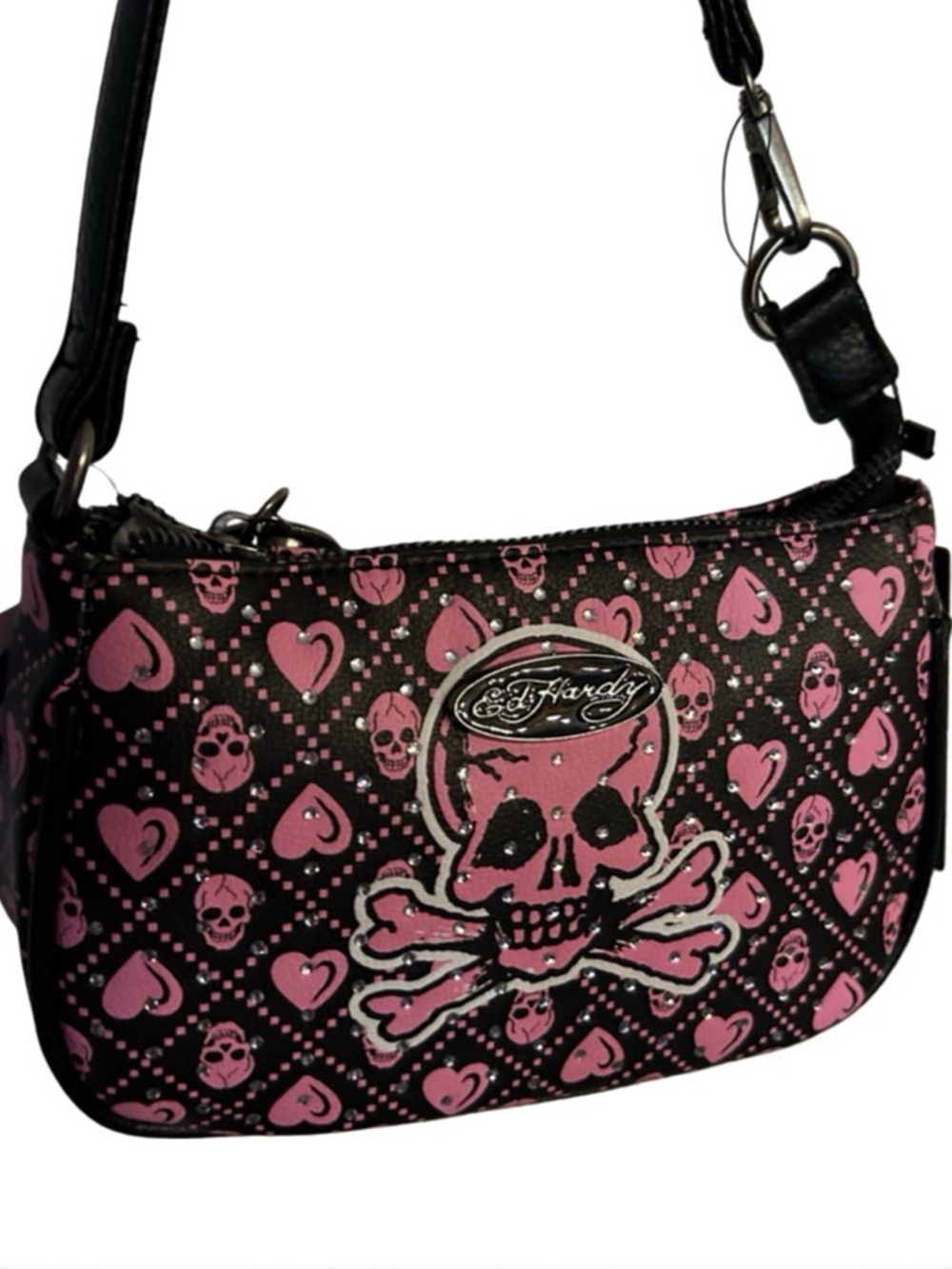 ED HARDY BLACK & PINK BLING RHINESTONE  PURSE W/ SKULLS & HEARTS IN DIAMONDS NWT